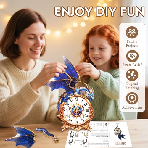 3D Wooden Puzzles for Adults-Blue Dragon Clock Puzzle-Adult Crafts - color: Blue Dragon Clock