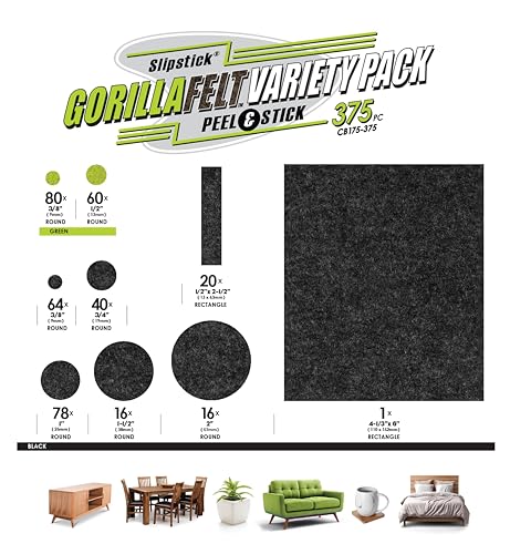 Slipstick Gorilla Felt Furniture Pads (375 Piece Variety Pack) Premium Furniture Pads & Chair Leg Floor Protectors for Hardwood Floors & Hard Surfaces - size: 375 Piece Variety Pack