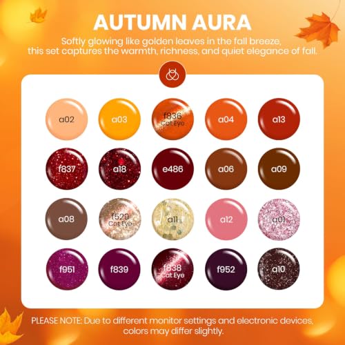 Beetles Autumn Aura Gel Polish Set, 23Pcs Fall Nails Gel Orange Burgundy | Brown Yellow Gel Polish Red Cat Eye & Glitter Soak Off UV LED Needed Manicure with Base Glossy Matte Top Coat - color: A - Mixed Finishes | Autumn Aura