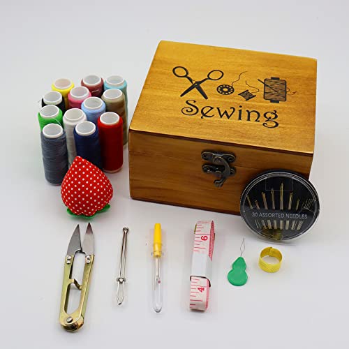 Flytreal Sewing Kit Small Box Basket, Wooden Hand Home Sewing Repair Tool Kit, Beginner Universal Sew Kit Accessories for Women, Men, Adults, Girls, Kids - color: Small Yellow