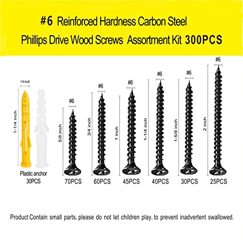 #6 Wood Screw Assortment Kit, Flat Head Phillips Screws Set(300PCS) - size: #6 Assortment Kit