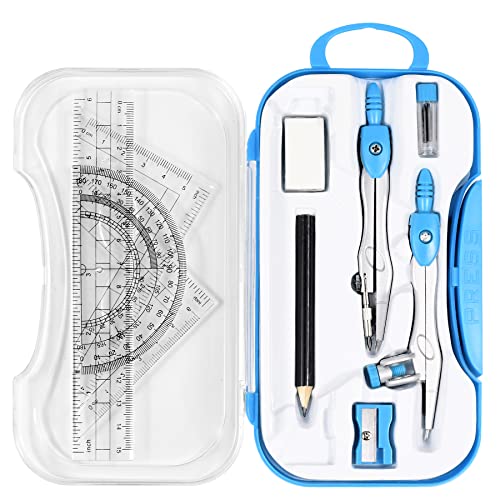 Unjoo Geometry Set 10 Pcs Student Supplies, Protractor and Compass (Blue） - color: Blue