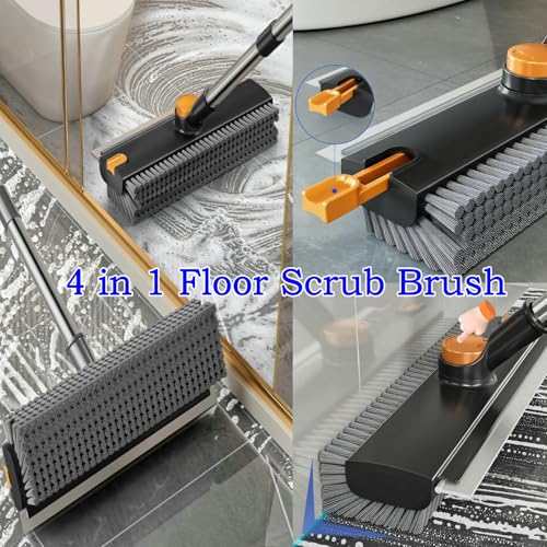 Floor Scrub Brush with Squeegee Long Handle 3 in 1 tub Brush 52'' 2026 Upgraded Multi-Functional Stiff Bristle Cleaning Scrub Brush Rotating Tile Brush for Cleaning Bathroom Patio, Pool, Garage - color: Black