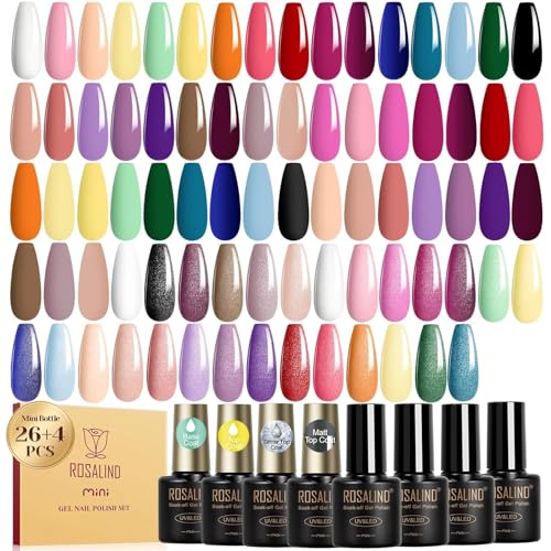 ROSALIND 30pcs All Seasons Gel Nail Polish Set with Base and Gel Top Coat | 26 Nude Blue Red Colors Gel Polish,3Pcs Glossy Matte Glitter Top Coat and Base Coat, Gel Nails art Kit, DIY Salon at Home - color: Rose Serise