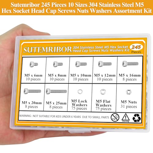 245 Pieces M5 Screws Nuts Washers Set, Sutemribor M5 x 6/8/10/12/16/20/25mm Hex Socket Head Cap Screws Nuts Washers Assortment Kit, 304 Stainless Steel, Fully Threaded - size: M5, style: Socket Head