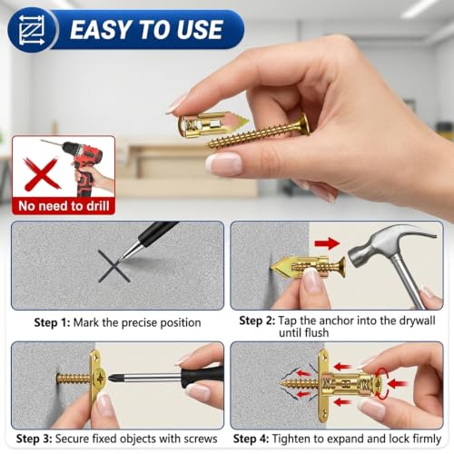 200Pcs Self Drilling Drywall Anchors with Screws Kit, No Drill Needed