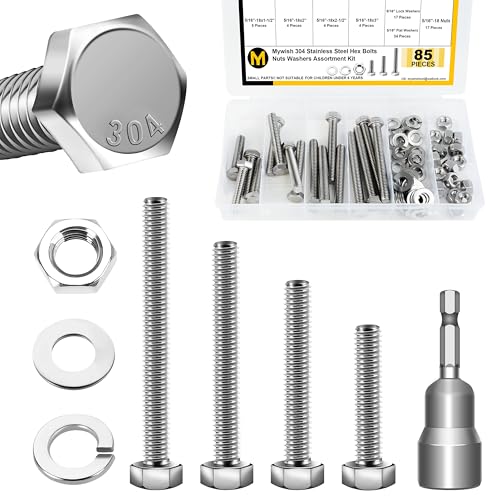 Mywish 5/16 Bolts, 85Pcs 5/16-18 Bolts and Nuts Kit with 1-1/2", 2", 2-1/2", 3" Hex Bolts Kit, 304 Stainless Steel 5/16 Screws Nut and Bolt Assortment Kit with 4 Common Sizes and Cross-Drilled Tail - size: 85 Pcs 5/16 Kit - Silver