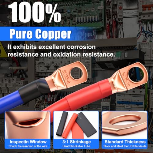180Pcs Copper Wire Lugs Kit, Battery Cable Ring Terminal Connector with Heat Shrink Tubing, AWG 2 4 6 8 10 12 14 16 Gauge Heavy Duty Wire Connectors Terminal Set for Car Solar Marine RV Wiring - size: 180Pcs