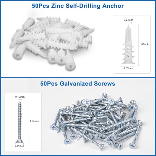 Self Drilling Drywall Anchors, 100PCS Heavy Duty Dry Wall Anchors and Screws Kit for Hanging Sheetrock, 50 Self-Tapping Plastic Drywall Hangers 50 Sheet Rock Screws - size: 50pcs