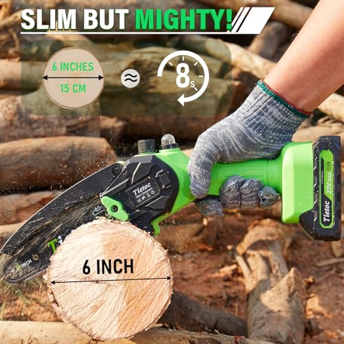 Tietoc Mini Chainsaw 6-Inch with 2 Batteries, Electric Saw, Stocking Stuffers Christmas Birthday Gifts Present for Men Dad Husband Gardener Adults, Cool Gadgets 2025 - color: ‎green-2 Batteries