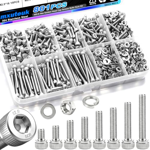 mxuteuk 801PCS M2.5 Screws Assortment Set,M2.5 x 4/6/8/10/12/16/20/25mm M2.5bolts，304 Stainless Steel Hex Socket Head Bolts Nuts Washers Set Suitable for 3D Printer,DIY - size: SS 801PCS M2.5