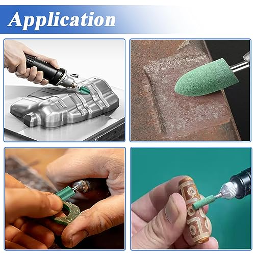 39 Pcs Rubber Polishing Drill Bits,Green Buffer Abrasive Bits Metal Polish Tips Rotary Tool Accessories Bullet Cylinder T Shape Rubber Wheel Bit 3 mm Mandrel