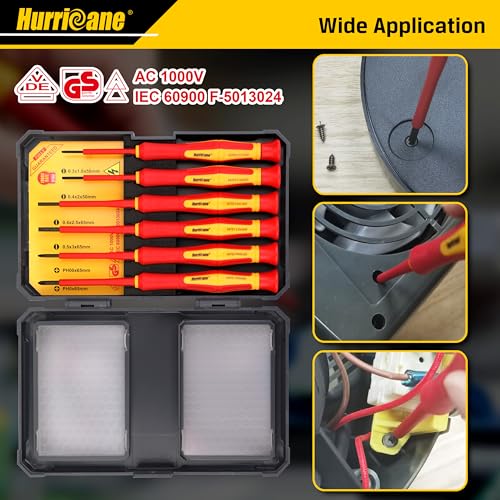 HURRICANE Premium 1000V Precision Insulated Screwdriver Set, 6 Piece S2 Steel Mini Electrician Screwdrivers with SL1.8/2.0/2.5/3.0mm & PH00/PH0, VDE Certified for DIY & Professional Electrical Repair - size: 6 pc Premium Mini VDE Screwdriver Set