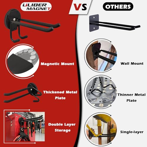 ULIBERMAGNET Double Layer Magnetic Hooks,Heavy Duty Magnetic Storage Hooks for Garden Tools,Shovel,Rope,Cable,Hose,Power Tool Organizer for Garages,Gardens,Workshop (2PACK/3.46INCH) - style: 2PACK Magnetic Tools Hooks