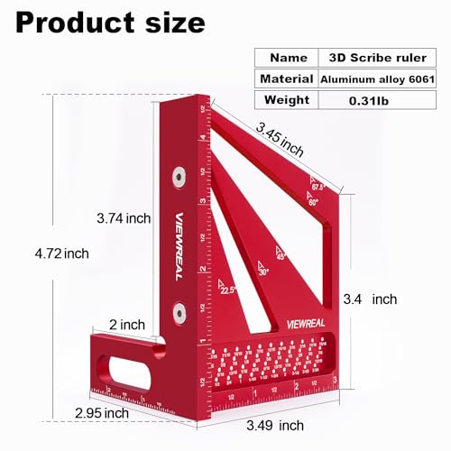 Multi-Angle 3D Measuring Ruler: 22.5/30/45/60/67.5/90 Degree Aluminum Alloy Square Ruler Protractor, Ideal for Engineer Carpenter Crafting, Drawing - color: Red
