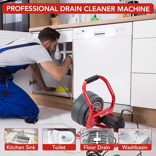 Drain Cleaner Machine 50Ft x 5/16 Inch, Electric Drain Auger Professional, Foot Switch with 6 Cutters, Glove, Drain Auger Cleaner Sewer Snake for 3/4 to 3 Inch Pipes - style: L