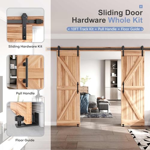 EaseLife 10 FT Double Sliding Barn Door Track and Handle Hardware Kit,Straight Pulley,Slide Smoothly Quietly,Easy Install (10FT Track Kit for 27"~30" Wide Double Door) - size: 10 FT-Double Door Kit