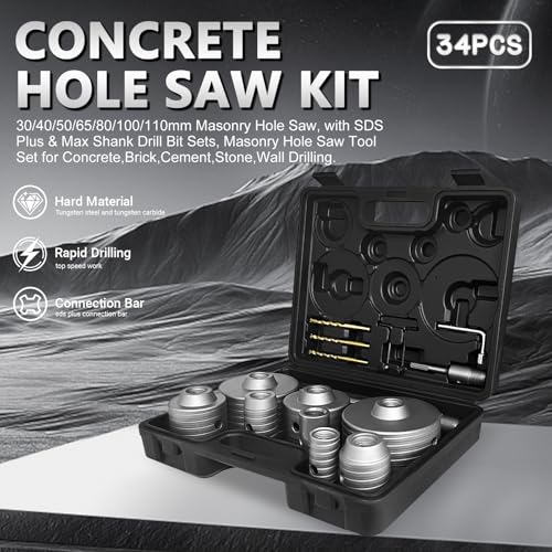 34PCS Concrete Hole Saw Kit, 30-110mm Masonry Drill Bits with SDS Plus Shanks, Tungsten Carbide for Concrete, Brick, Cement, Stone - Quick-Change Design & Dust Collection