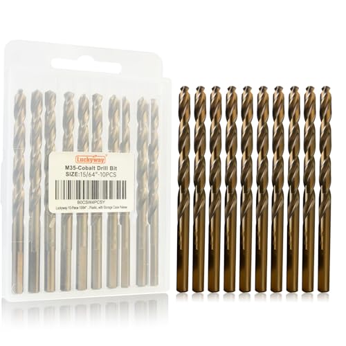 Luckyway 15/64" Cobalt Drill Bit (10 Pcs), Jobber Length Twist Drill Bit Set for Hard Metal, Stainless Steel, Cast Iron, Wood and Plastic, with Storage Case - style: 15/64" (10Pcs) Cobalt Drill Bits