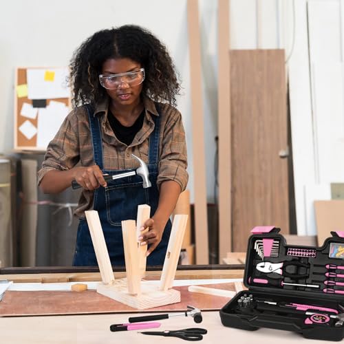 HANGYING 132-Piece Home Tool Kit for Women with Plastic Toolbox Pink - color: Light Pink