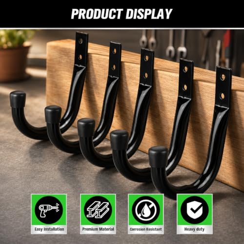 24-piece Heavy Duty Garage Storage Hooks, Bike Hooks for Garage Wall, Utility Garage Hooks, Wall Mount J Hook for Hanging, Large Metal Storage Organizer Tool, Extension Cord Hanger - color: Black