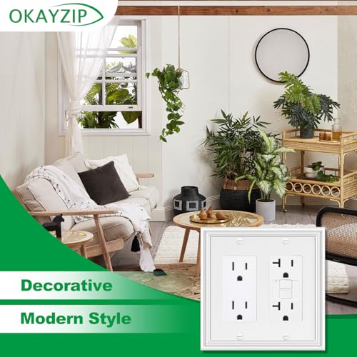 OKAYZIP White Decorative Double Outlet Covers Wall Plates | 2 Pack Natural Material Light Switch Plate - Modern Style 2 Gang Duplex Outlet Covers for Bathroom Kitchen - size: 2 Duplex 2 Pack