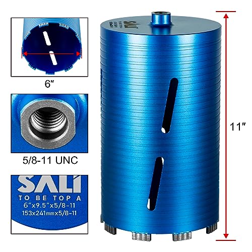 SALI Diamond Core Drill Bits 6" Diameter 10"/254mm Drilling Depth 5/8-11" Thread Core Bit Turbo Laser-Welded Segments for Cured Concrete with, Brick, Block, Masonry, with Two Adapters - size: 6 inch
