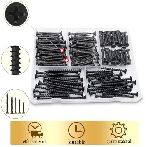 Drywall Screws Assortment Kit, #6#7 Black Wood Screws for Drywall, Phosphate Coated Finish, Fine Thread Sheetrock Screws Set, Phillips Bugle Head Self Tapping Dry Wall Screws, 148 Pcs - size: #6 and #7