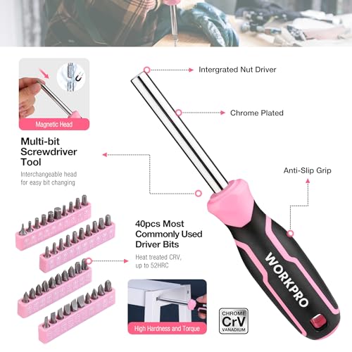 WORKPRO 258PCS Pink Tool Set, Portable Home Basic Tool Kit Box for Women
