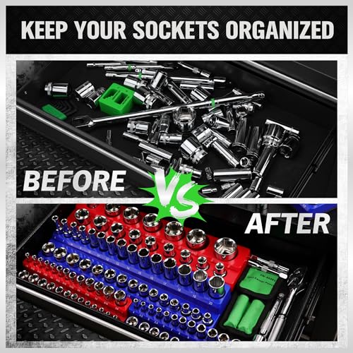 Magnetic Socket Organizer Set, 6PCS Socket Holder, 1/4", 3/8", 1/2" Sockets Holds 143 Pieces Magnetic Sockets Trays (Blue&red, 6 Pcs) - style: 6PCS Red/Blue