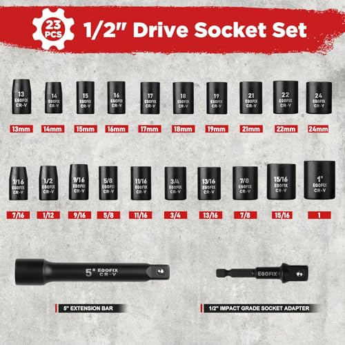 1/2" Drive Impact Socket Set, 23 Piece Metric (13-19, 21, 22, 24mm) and SAE (7/16 to 1 inch) Tool Set with 72 Tooth Reversible Ratchet, with Storage Box for Auto Repairing - color: 1/2-23pcs