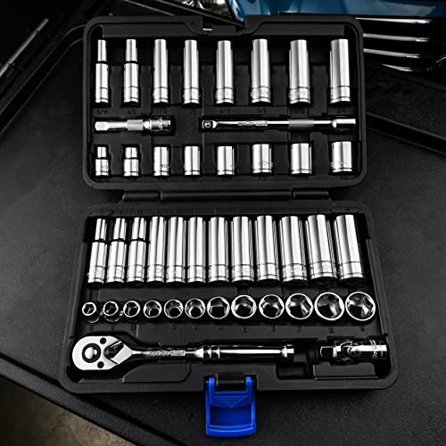 EPAuto 45 Pieces 3/8" Drive Socket Set with 72-Tooth Pear Head Ratchet - size: 45 Pieces