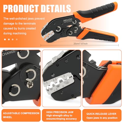 Wire Crimping Tool Kit 7Pcs Ratchet Wire Crimper for Insulated Nylon Connector,Non-Insulated Butt Connectors Ring Terminals,Open Barrel Terminals,Solar Connectors - Crimp Tool with 6 Dies