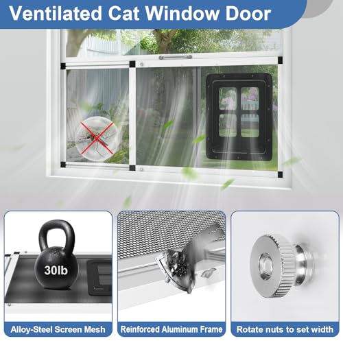 Ventilated Pet Door for Window, Fits 28.5"-32" Width Window, 2-Min Install | Aluminum Frame + Stainless Steel Mesh | Breathable Bug-Proof | Magnetic Closure Window Cat Door, Cat Door for Window Insert - size: Fit Window: 28.5''-32''