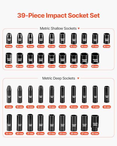 VEVOR 39-Piece Impact Socket Set 1/2" Drive, Metric (9 to 30 mm) Size, Deep & Shallow, 6-Point, CR-V, Universal Joint, Heavy Duty Carrying Case - size: 1/2" 39 PCS