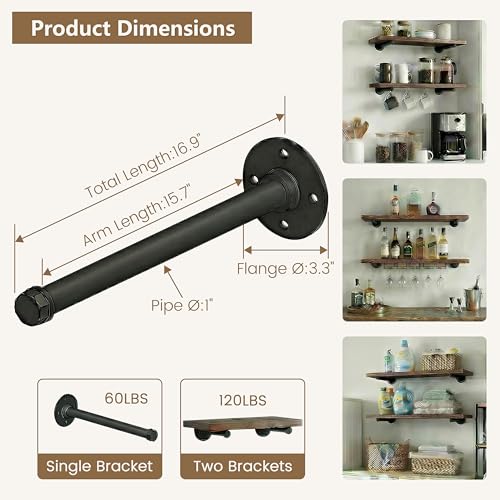 Industrial Black Iron Pipe Shelf Brackets Wall Mount DIY Shelving Brackets Pipe Decor Wall Rustic Garment Rack Hardware Included, 16 Inch Set of 8 - size: 16 inch 8 pack, style: 8 Pack