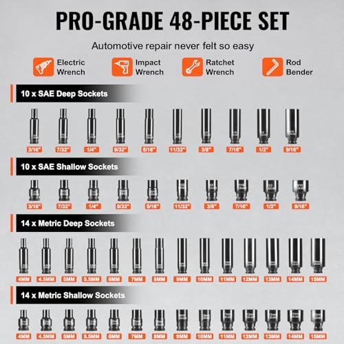 VEVOR Drive Impact Socket Set 1/4" - 48 Piece Deep & Shallow Socket Set SAE 3/16"-9/16" and Metric 4-15mm - 6 Point Cr-Mo Alloy Steel for Auto Repair - Easy-to-Read Size Markings Storage Case - size: 1/4" 48 PCS CR-MO