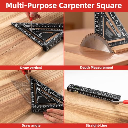 7inch Rafter Square with Level Vial, Heavy Duty Multi-Purpose Aluminum Triangle Ruler with Carpenter Pencil for Woodworking and Home DIY