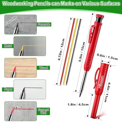 Hiboom 4 Pack Carpenter Pencil with 36 Refills Built In Sharpener (Red) - color: Red
