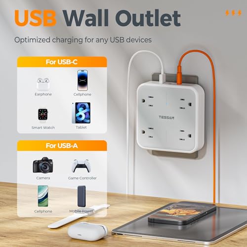 TESSAN Multi Plug Outlet Extender, Surge Protector Outlet 3 USB (1 USB C) | Wall Charger, Multiple Outlet Wall Plug, USB Outlet Splitter for Home, Bathroom, Office, Dorm Room Essentials, Gray - style: 1 USB C