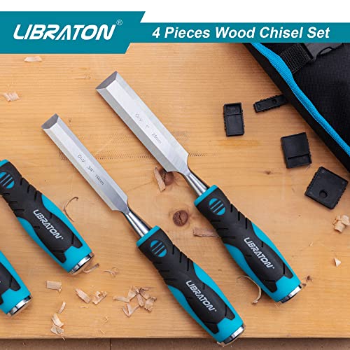 LIBRATON Chisel Set, Wood Chisel Set, Wood Chisel Tool Set for Woodworking | Wood Chisels, Chrome Vanadium Steel Chisel with Storage Pouch, 1/4"(6mm), 1/2"(13mm), 3/4"(19mm), 1"(25mm)