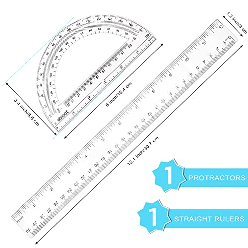 Zonon 2 Pcs 12 Inch Clear Ruler and 6 Inch Plastic Protractor Set, Clear - color: Clear