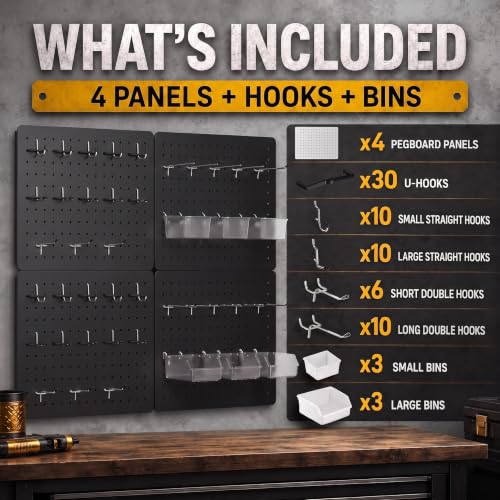 Pegboard Organizer Kit, 4 Pack 12 x 16 in Metal Panels with 6 Bins, Black - color: Black, size: 16"x12"- 4 Pcs