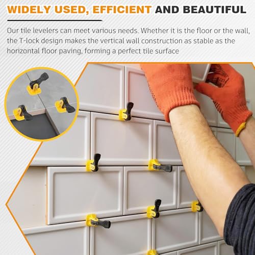 Nuanchu Tile Leveling System Kit 200 Reusable Tile Spacers + 200 1/16'' Replaceable Spare Steel T-pin, Leveling Clips Fit 8-12mm Floor Compounds Set for Wall & Floor (Yellow) - color: Yellow