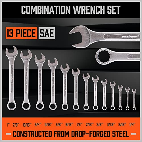 HORUSDY 26-Piece Durable Combination Wrench Set with Roll-up Pouch, Open End Wrench Set for General Household, Garage, Auto Repairs, SAE 1/4” - 1” and Metric 8mm - 24mm - style: Combination Wrench Set