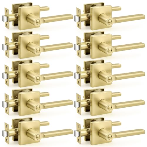 Probrico Interior Door Handles with Lock, Brushed Gold Privacy Levers for Bedroom Bathroom, Heavy Duty Square Reversible Lockset, 10 Pack - color: Gold
