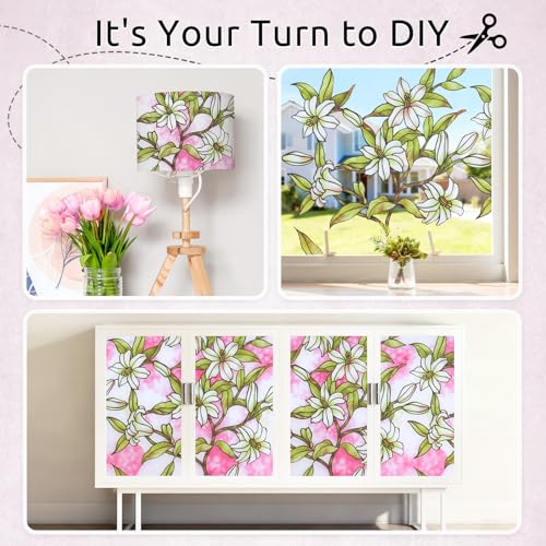 rabbitgoo Stained Glass Window Privacy Film, Pink Lily, 17.5" X 78.7" | Anti UV Heat Blocking Frosted Glass Static Cling Removable, for Bathroom, Bedroom, Living Room - color: Pink Lily, size: 17.5" x 78.7"