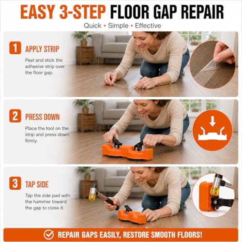Floor Gap Fixer Tool for Floating Floors, Dual Suction Cup Flooring Repair Kit, 2.87" Vacuum Cups, 80° Floor-Protective Striking Surface, Rubber Mallet & 5 Adhesive Pads