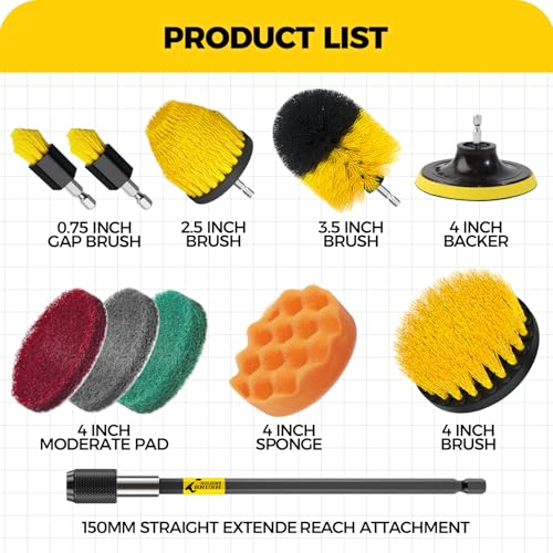 Holikme 11 Piece Drill Brush Attachment Set Scouring Pads Power Scrubber Brush Scrub Pads for Bathroom Surfaces, Floor, Tub, Shower, Grout, Tile, Corners,Cleaning Brush