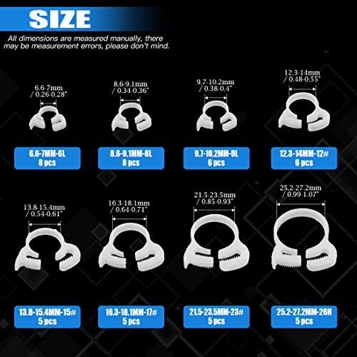 Glarks 48Pcs 8 Size Heavy Duty White Double Gripping Nylon Hose Clamps Set, 6.6-27.2mm Plastic Snap Ratcheting Clamps Assortment Kit (White 48Pcs)